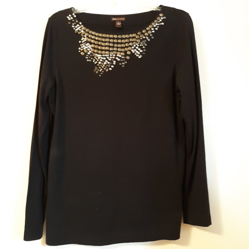 Dana Buchman Blouse Top Shirt Medium Black Beaded Studded Long Sleeve Knit Top